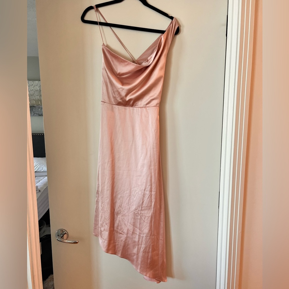 Lulus Sereno Mauve Pink Satin Cowl Neck Asymmetrical Midi Dress